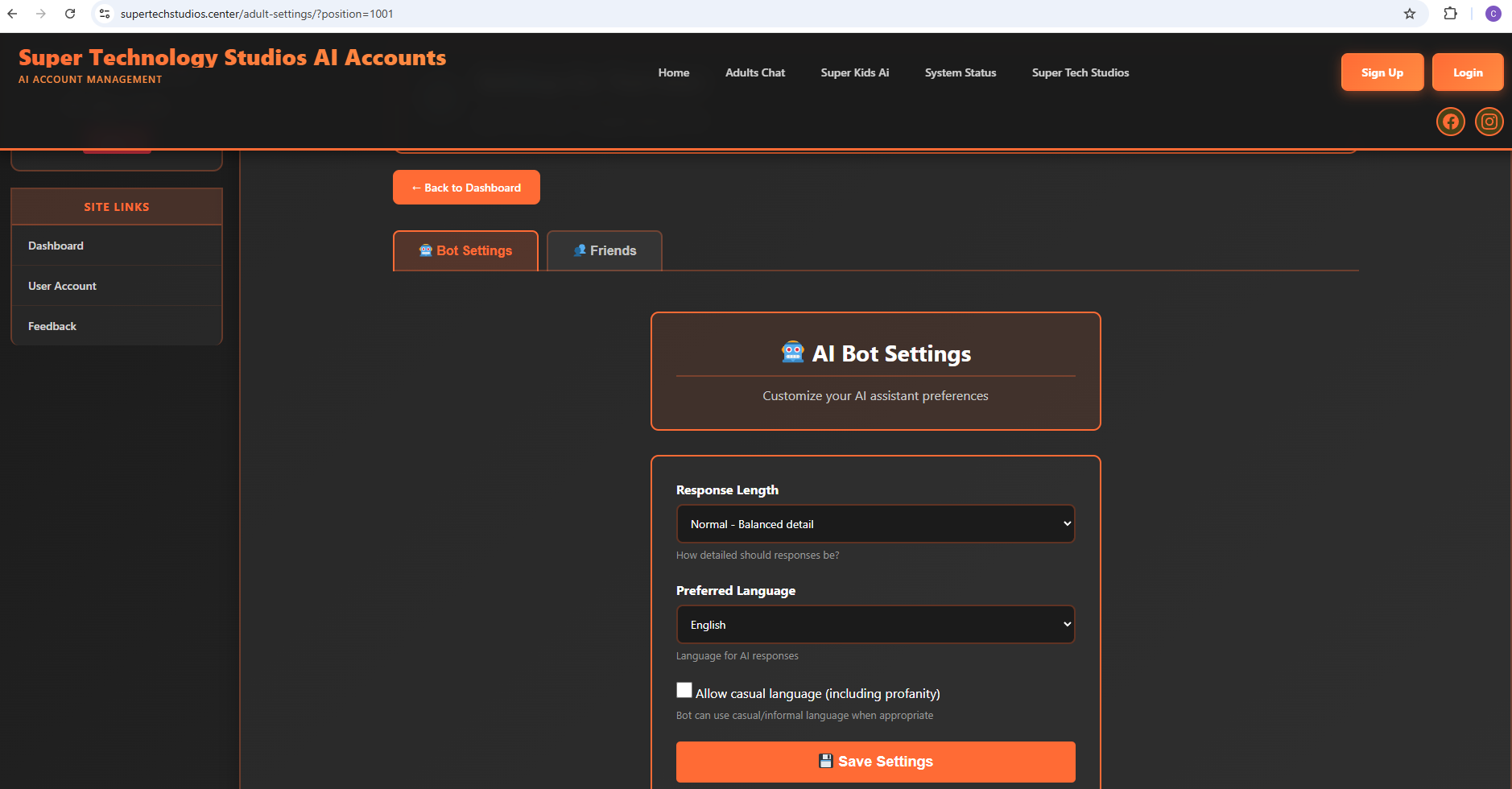 Adult Bot Settings Dashboard