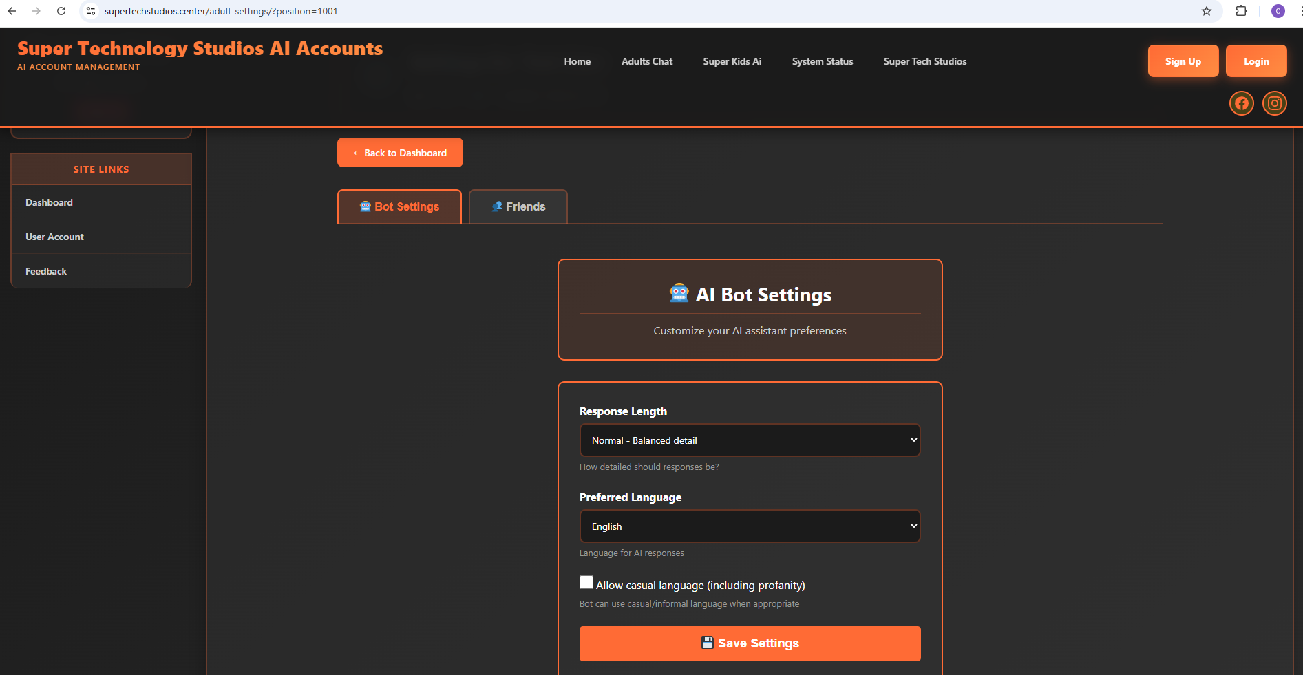 Adult Settings Dashboard