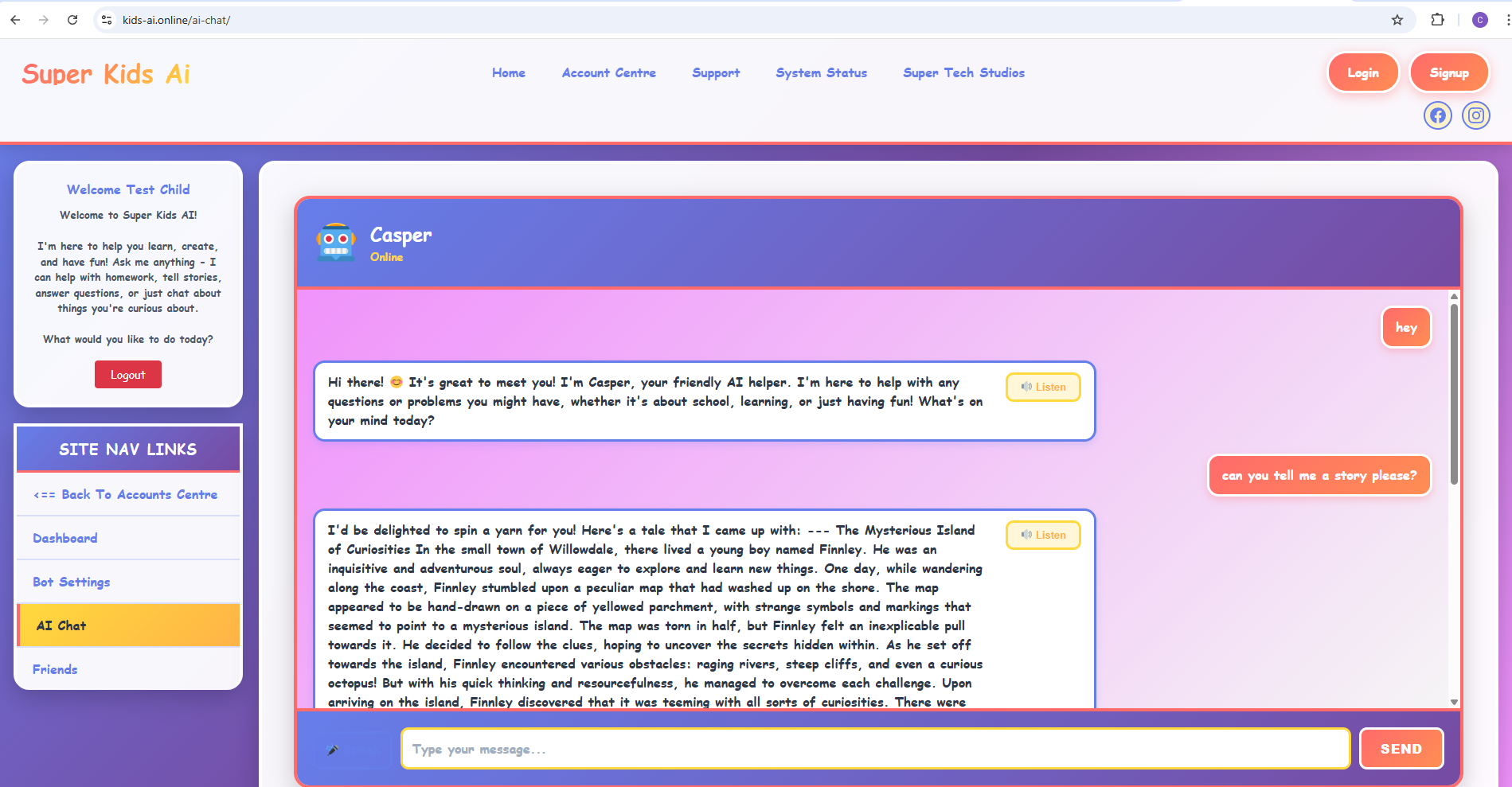 Super Kids AI Chat Interface