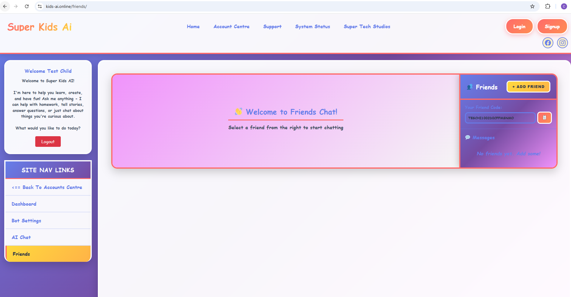 Super Kids AI Friends Chat Interface